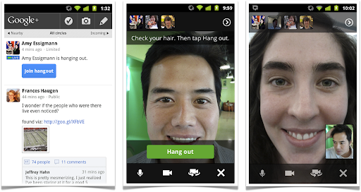 Hangouts on your phone: Stream View (left), Green Room (center), Portrait Mode (right)