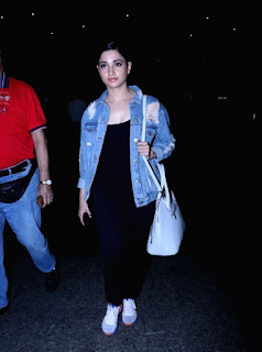 Tamannaah Bhatia looks super cute in Black and denim jacket at Airport