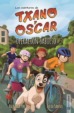 Portada de la novela Txano y Óscar: Operación Sabueso en la que aparecen Txano, Sonia, Raúl y Sara-Li en sus bicicletas mientas siguen a la perrita blanquinegra Maxi.