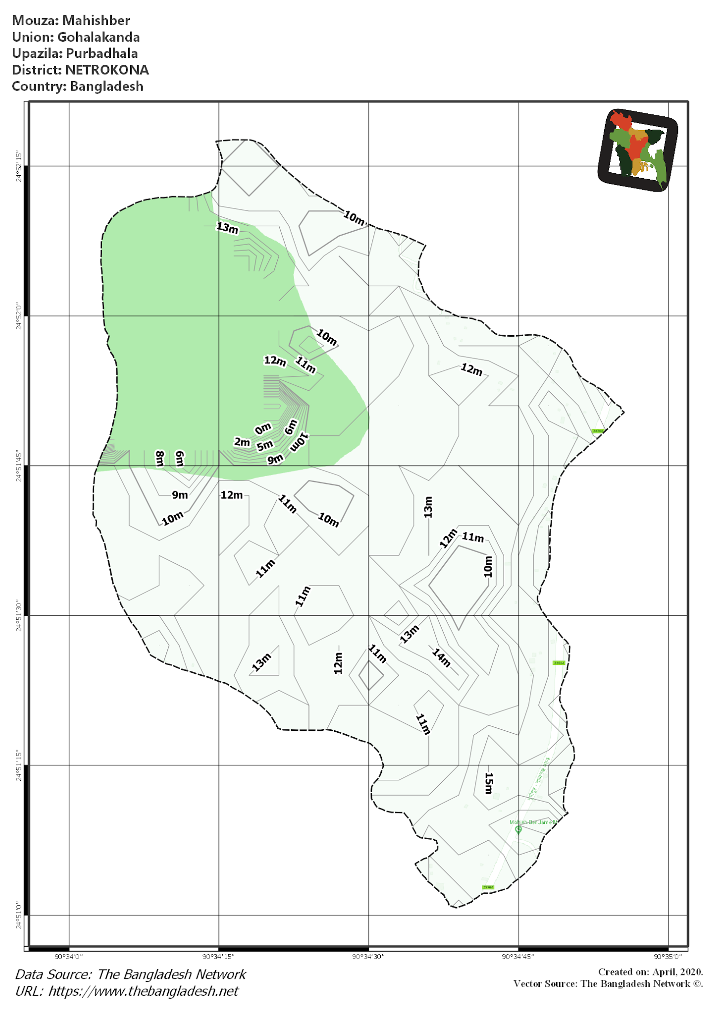 Map of Mahishber Mouza of Purbadhala Upazila, NETROKONA, Bangladesh.