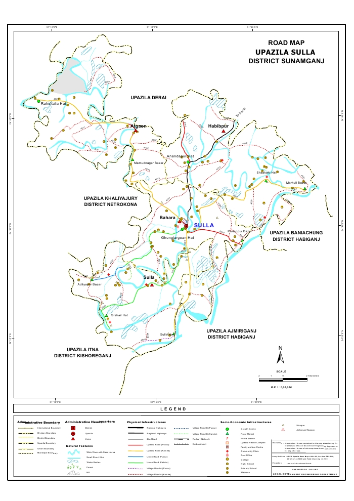 Sulla Upazila Road Map Sunamganj District Bangladesh