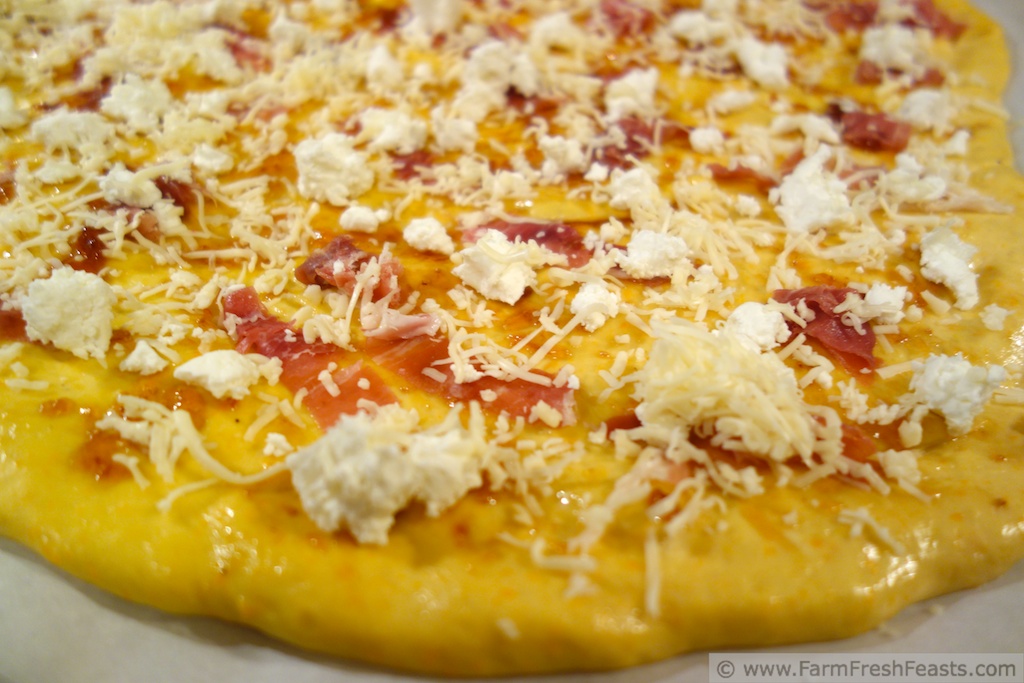 Farm Fresh Feasts Prosciutto, Goat Cheese and Fig Jam on an Eggnog/Butternut Crust (Pizza Night!)