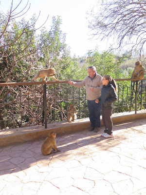 Macarena y su abuelo dando de comer a los monos en las Cascadas de Ouzoud