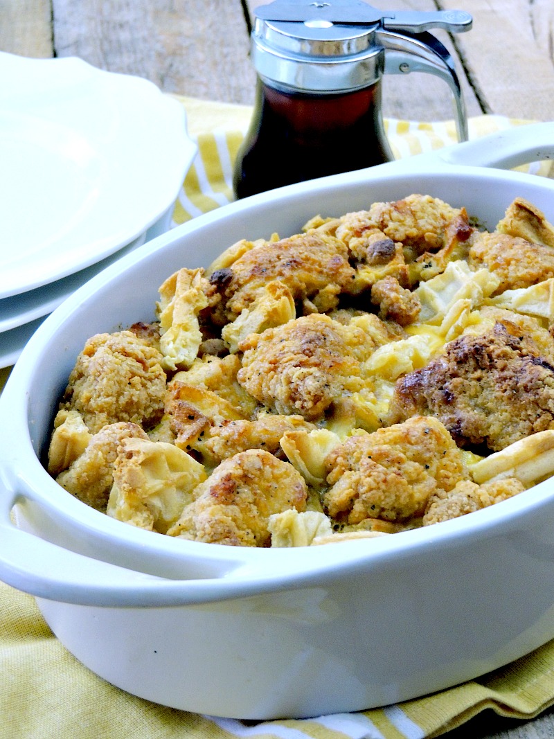Chicken and Waffles Casserole -  Say goodbye to boring breakfast with this easy, kid friendly, chicken and waffles casserole. From www.bobbiskozykitchen.com
