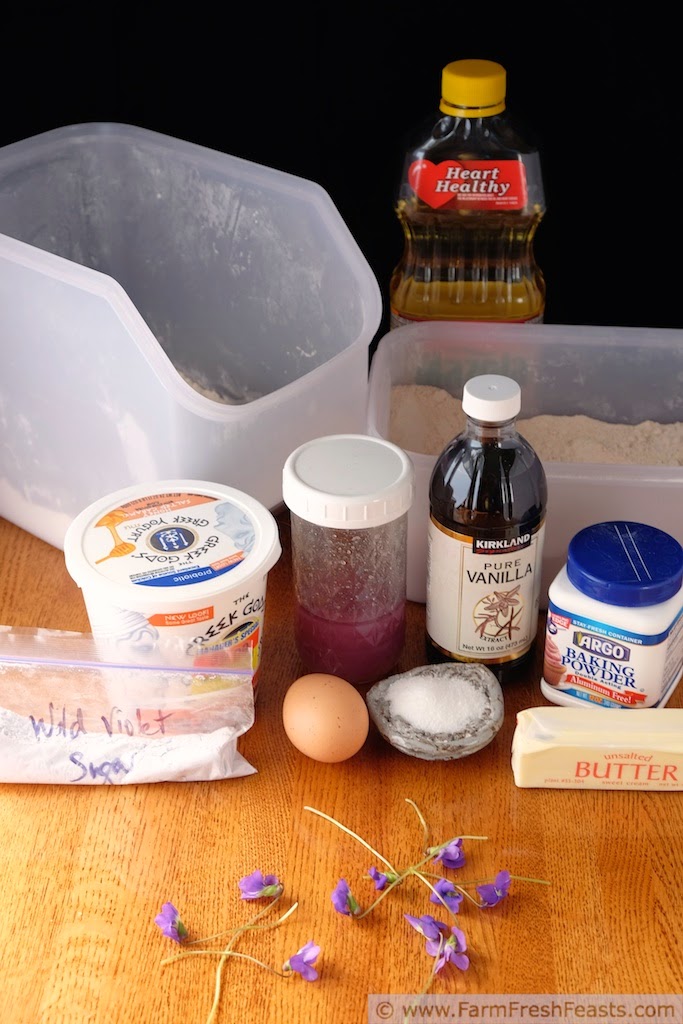 Wild Violet Muffins with Wild Violet Sugar | Farm Fresh Feasts http://www.farmfreshfeasts.com/2014/04/wild-violet-muffins-with-wild-violet.html photo of ingredients for making wild violet muffins with wild violet sugar