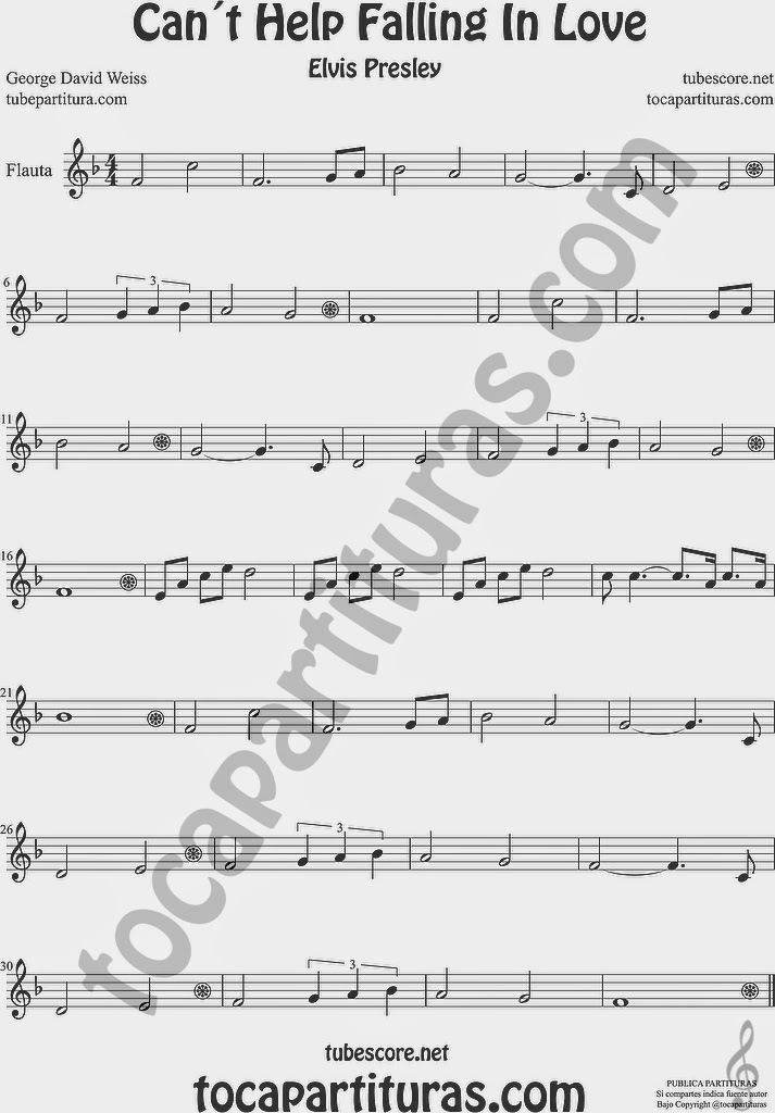  Can´t Help Falling in Love Partitura de Flauta Travesera, flauta dulce y flauta de pico Sheet Music for Flute and Recorder Music Scores  