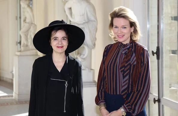 Queen Mathilde of Belgium met with author Amelie Nothomb at the Royal Palace