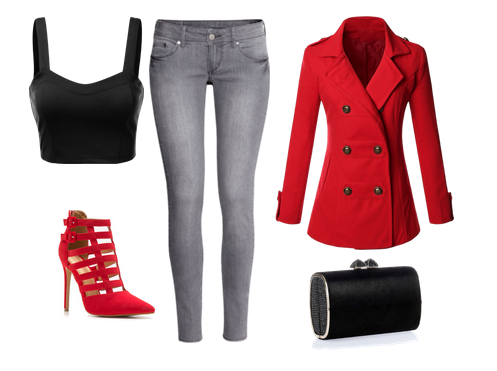 look vaquero gris, bustier crop top negro, sandalia abotinada roja, chaquetón cruzado doble botonadura rojo y clutch negro con brillos
