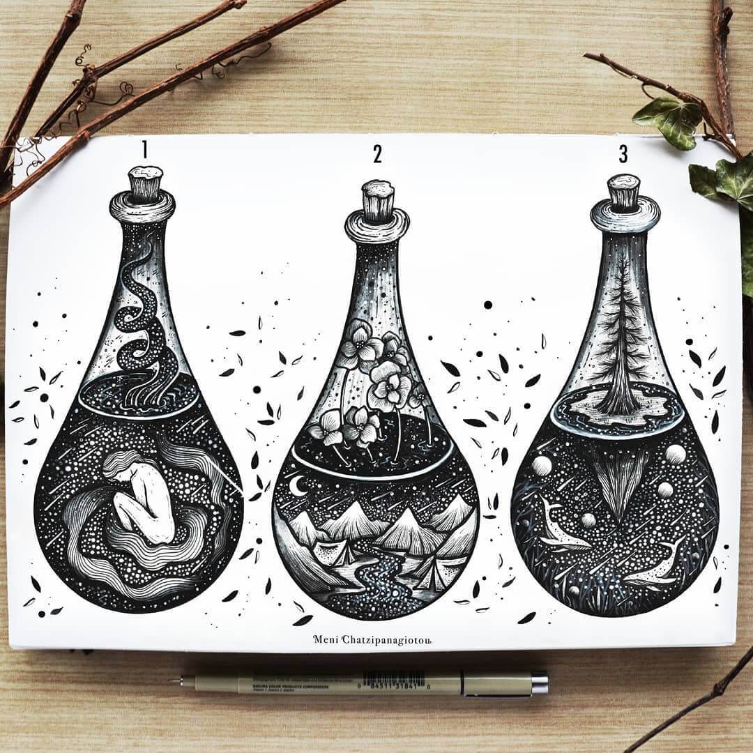 01-Three-Bottles-M-Chatzipanagiotou-Surreal-Black-and-White-Ink-Drawings-www-designstack-co