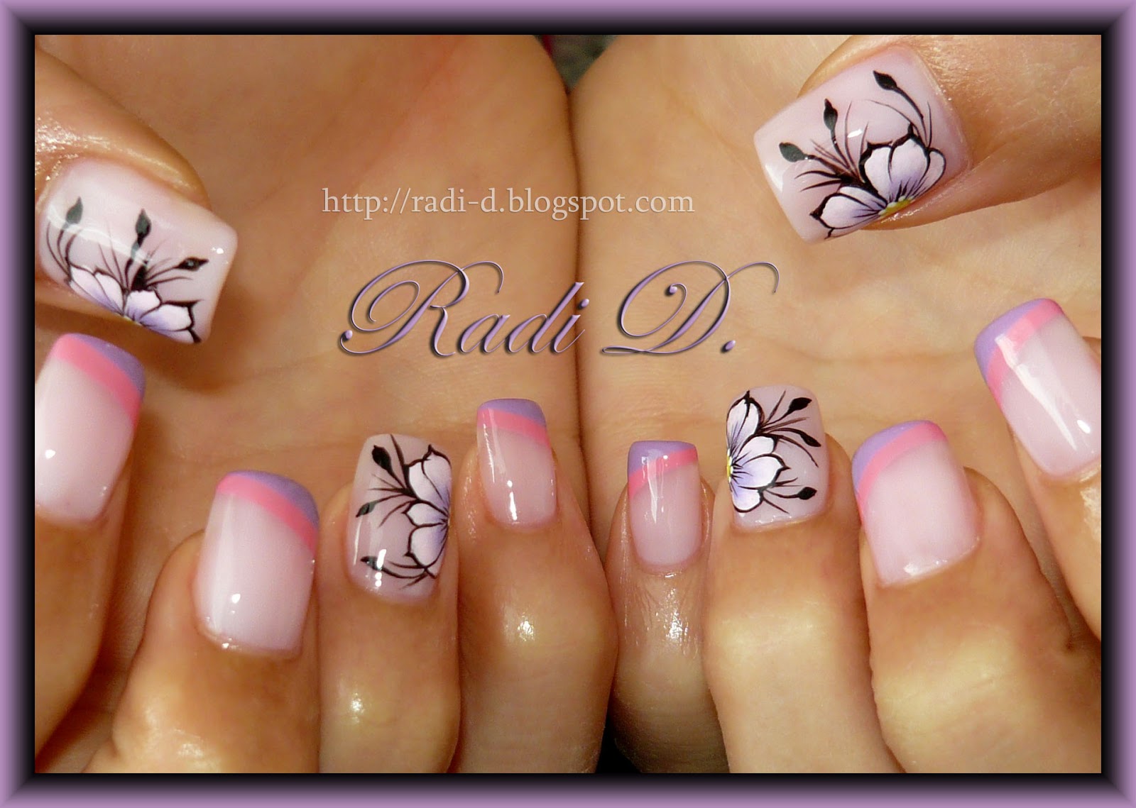 It`s all about nails Two coloured diagonal french and Flowers