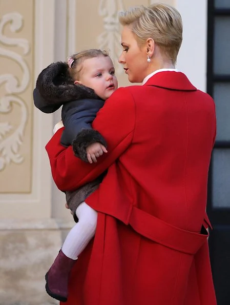 Prince Jacques and Princess Gabriella Princess Charlene wore Carolina Herrera Pleated Button-Front Blouse, Jimmy Choo flat, Christian Dior Earrings