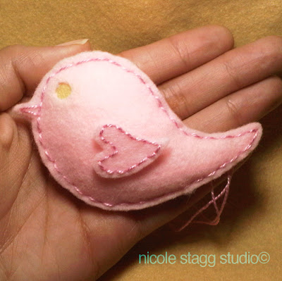 felt bird pink taupe embroidery custom design