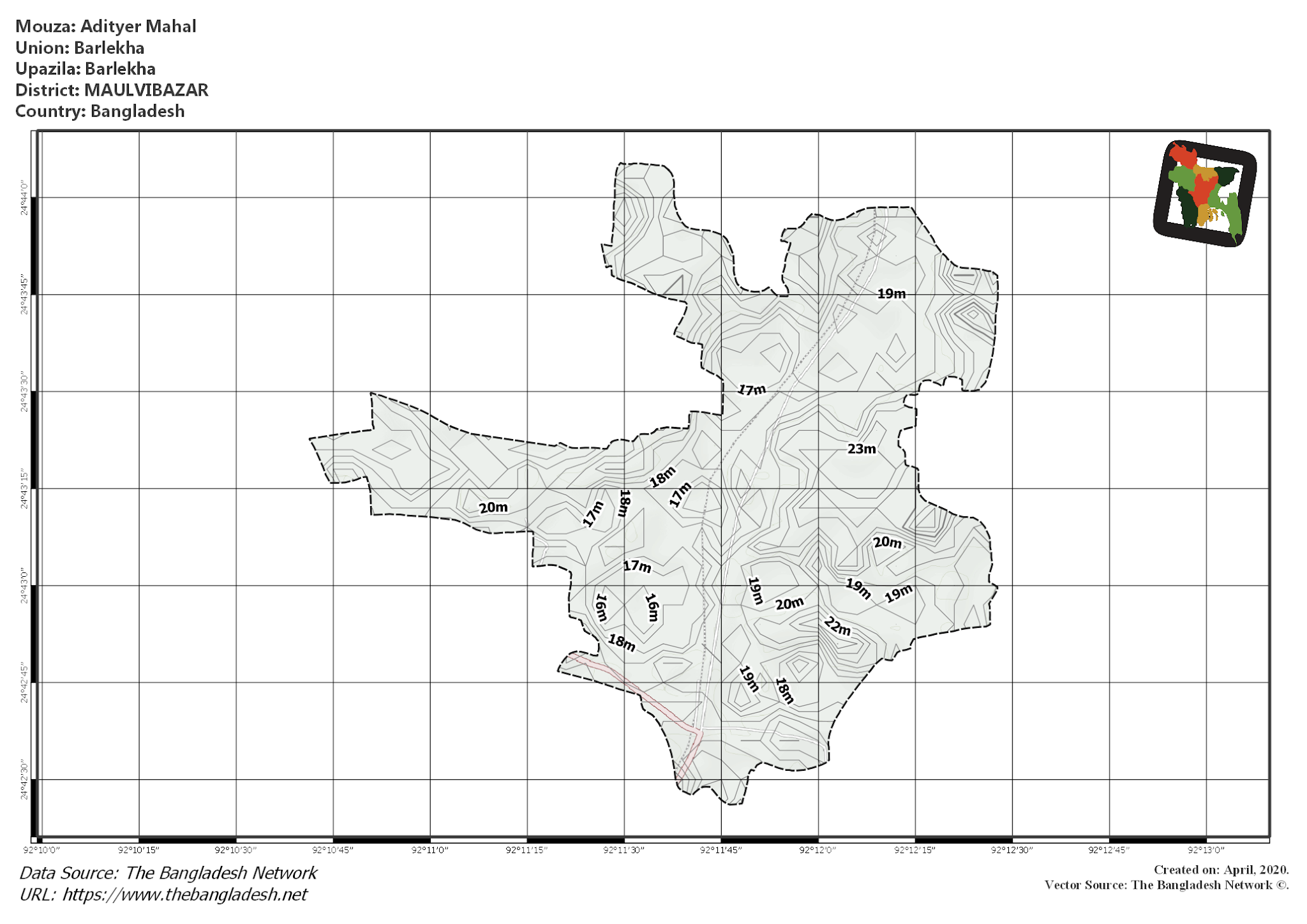Map of Adityer Mahal Mouza of Barlekha Upazila, MOULVIBAZAR, Bangladesh.