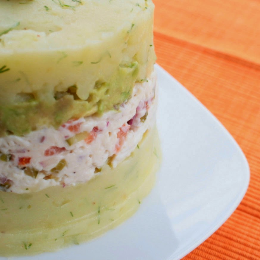 Chicken & avocado causa - a twist on the classic Peruvian chilled potato and chicken salad.