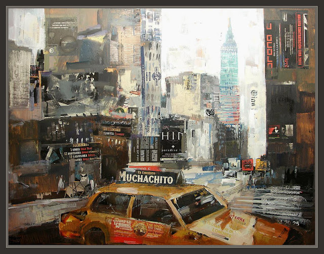 NUEVA YORK-PINTURA-ARTE-EMPIRE STATE BUILDING-TAXIS-CUADROS-ERNEST DESCALS-