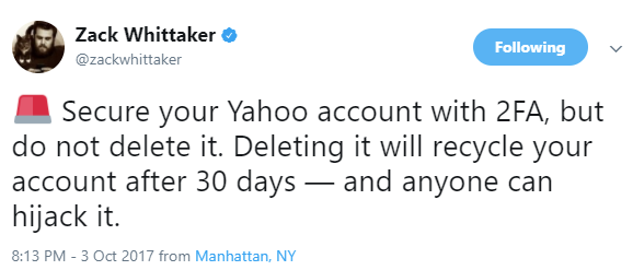 Secure your Yahoo account with 2FA, but do not delete it. Deleting it will recycle your account after 30 days — and anyone can hijack it. Secure your Yahoo account with 2FA, but do not delete it. Deleting it will recycle your account after 30 days — and anyone can hijack it.