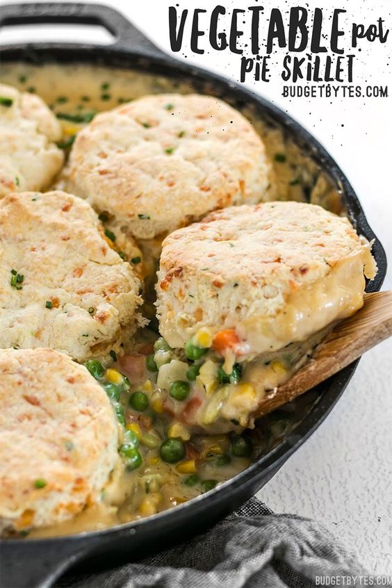 Vegetable Pot Pie Skillet with Cheddar Biscuit Topping