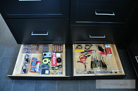 Toe kick junk drawers, organized with clear drawer organizers :: OrganizingMadeFun.com