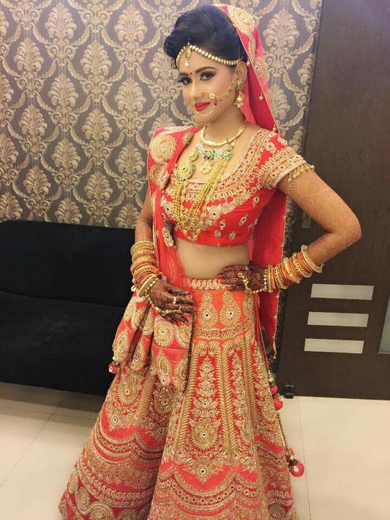 red orange combination bridal lehenga