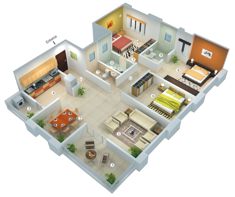 Denah Rumah Minimalis 3 Kamar Tidur 3D Denah Rumah Minimalis 3 Kamar Tidur 3D