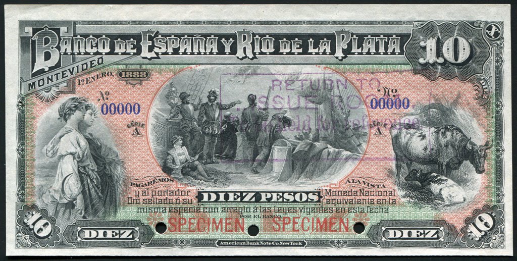 Uruguay paper money 10 Pesos note 1888 Banco de Espana y ...