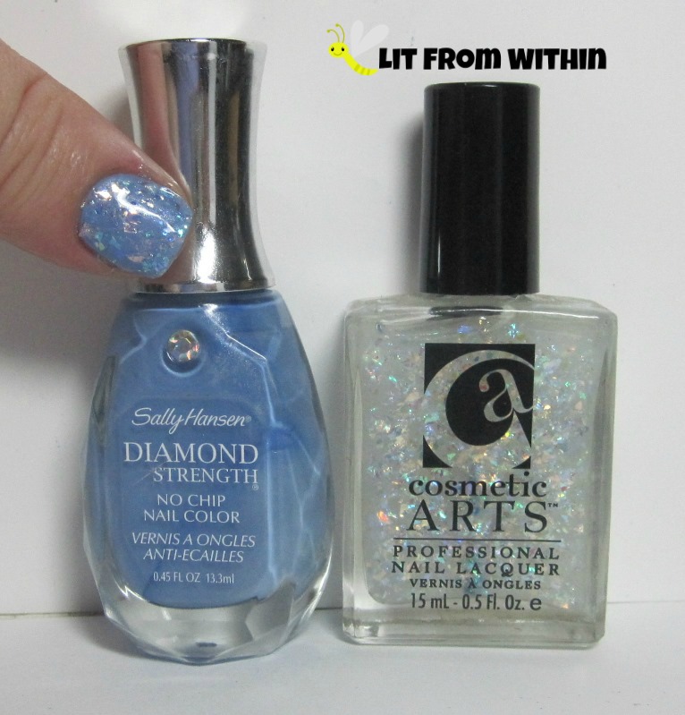Bottle shot:  Sally Hansen Diamond Guess Blue? and an unnamed Cosmetic Arts flakie.
