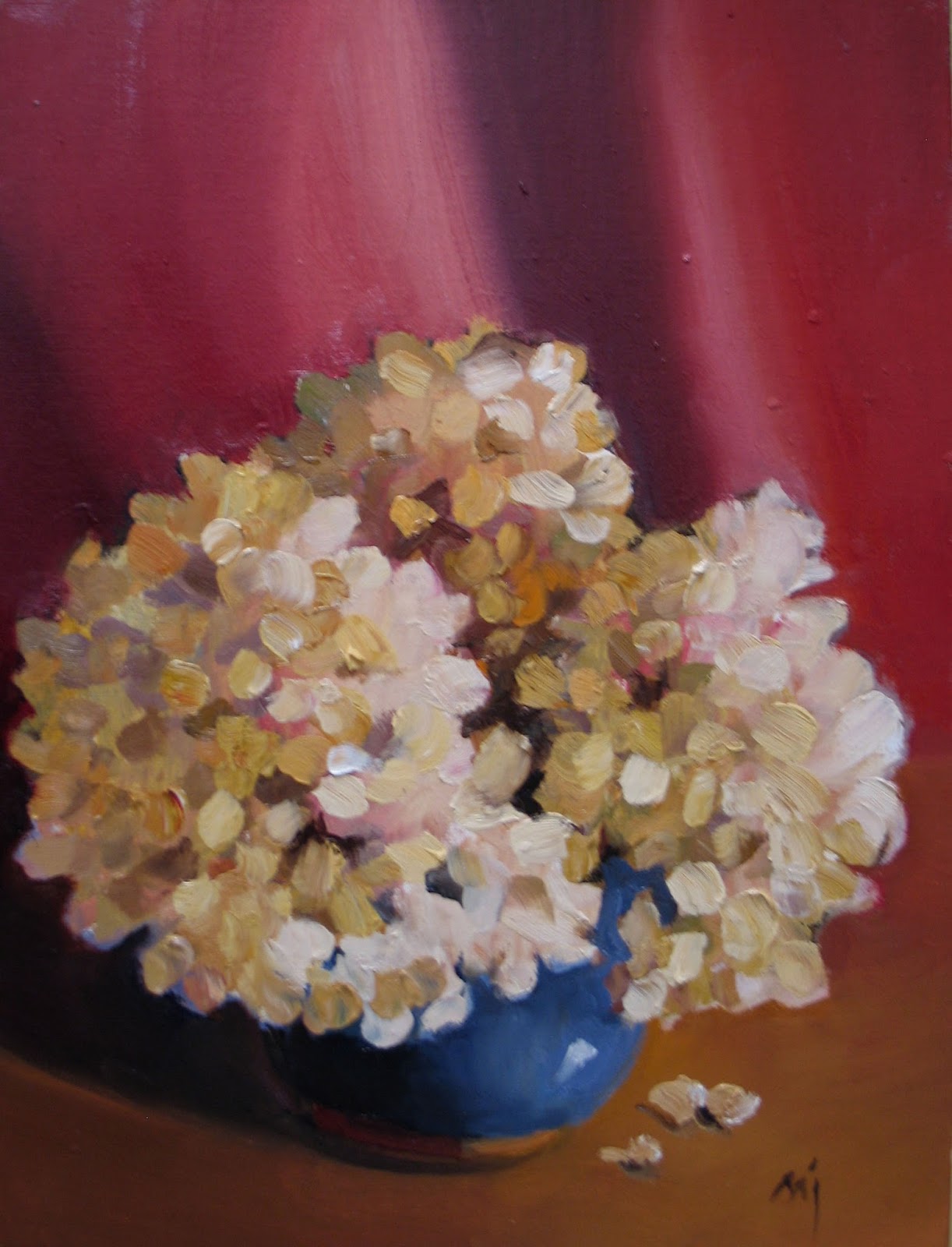 Nel's Everyday Painting Three Onions, and Revised Dried Hydrangea SOLD
