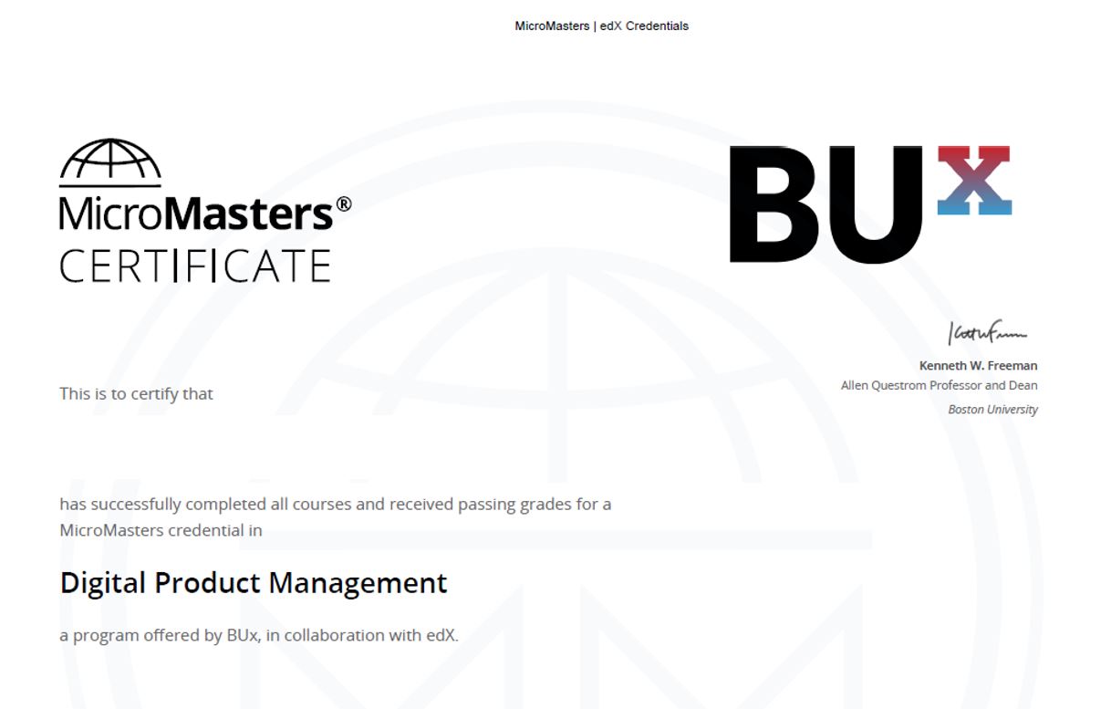 Digital Product Management certification from Boston universityを取得しました