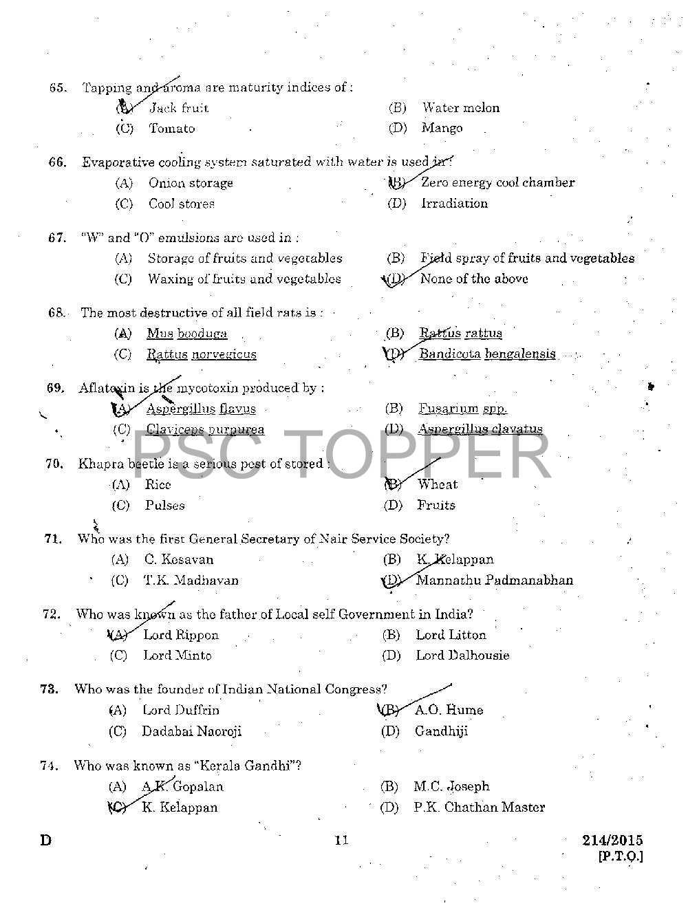 Food Safety Officer Question Paper with Answer Key 26112015 PSC