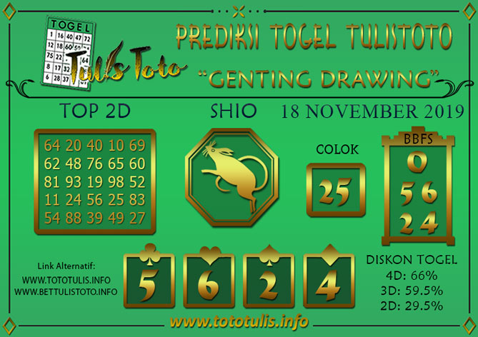 Prediksi Togel GENTING DRAWING TULISTOTO 18 NOVEMBER 2019