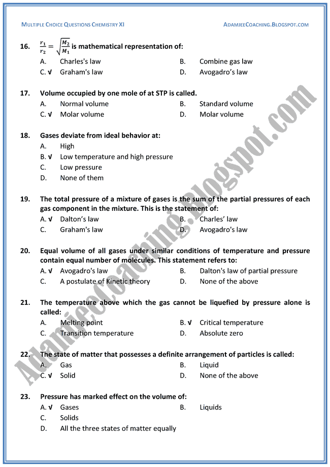 Adamjee Coaching XI Chemistry MCQs Three States of Matter Gases