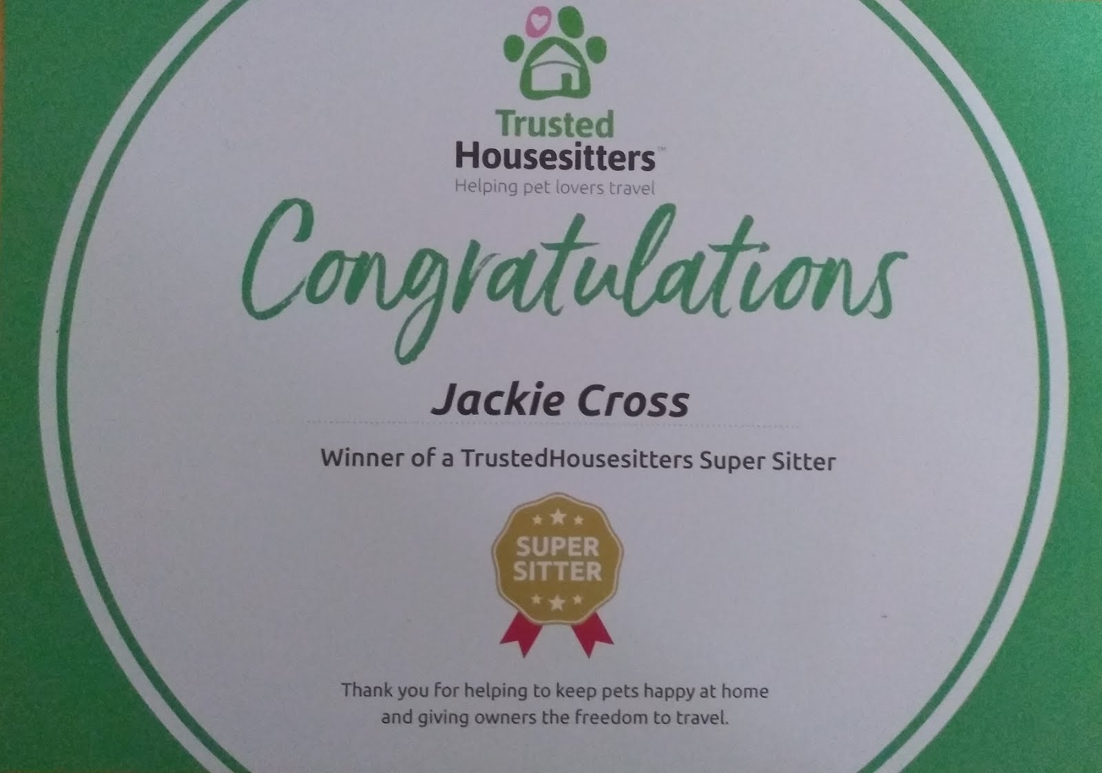 Our Trusted Housesitter 'Super Sitter' Award