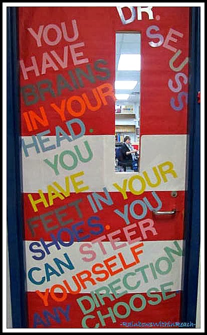 Dr. Seuss Inspired Decorated Classroom Door via Seuss RoundUP at RainbowsWithinReach