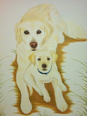 Pet portrait of Golden Labrador and Labrador puppy in oil on canvas
