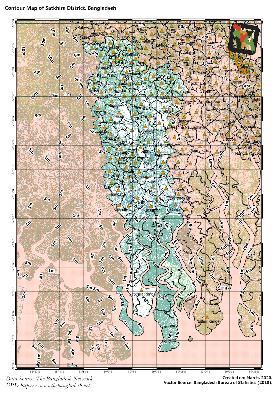 Elevation Map of Satkhira District of Bangladesh