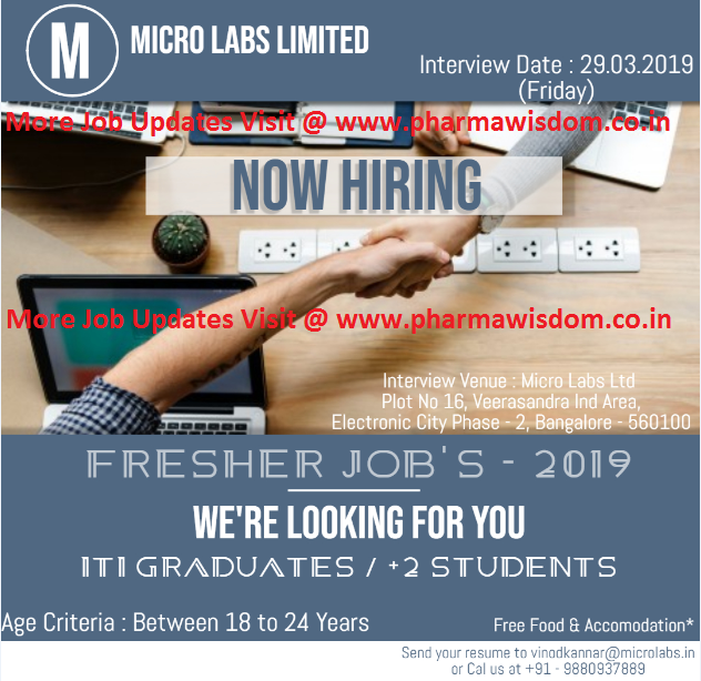 MICRO LABS LIMITED WalkIn Interview for Freshers on 29th Mar' 2019 Bangalore PHARMA WISDOM