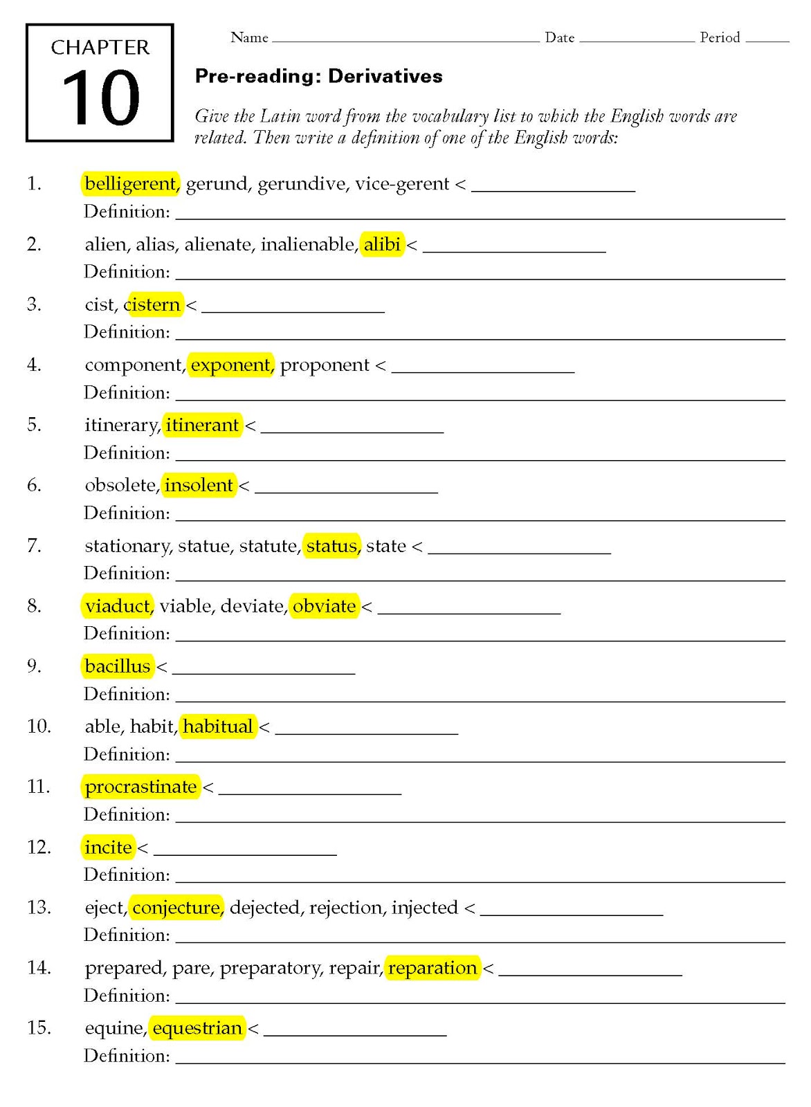2018_2019 Latin I 10 Ecce Romani Prereading derivatives