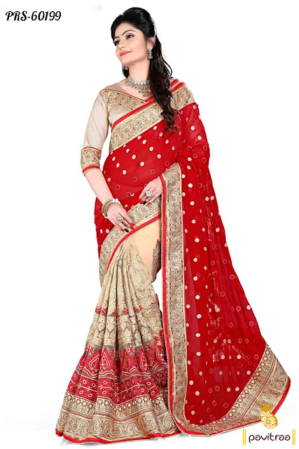 Wedding Season Special Heavy Party Wear Red Brocade Bridal Designer Sarees Online Shopping with Discount Offer Prices