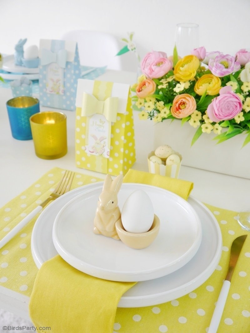My Pastel Easter Brunch Tablescape - easy to style ideas, place-settings and floral decor for a spring party table or Easter celebration at home! by BirdsParty.com @birdsparty #easter #eastertabledecor #eastertablescape #springtablescape #pasteltablescape #pasteleaster #pasteltabledecor #tablesetting #easterpartyideas