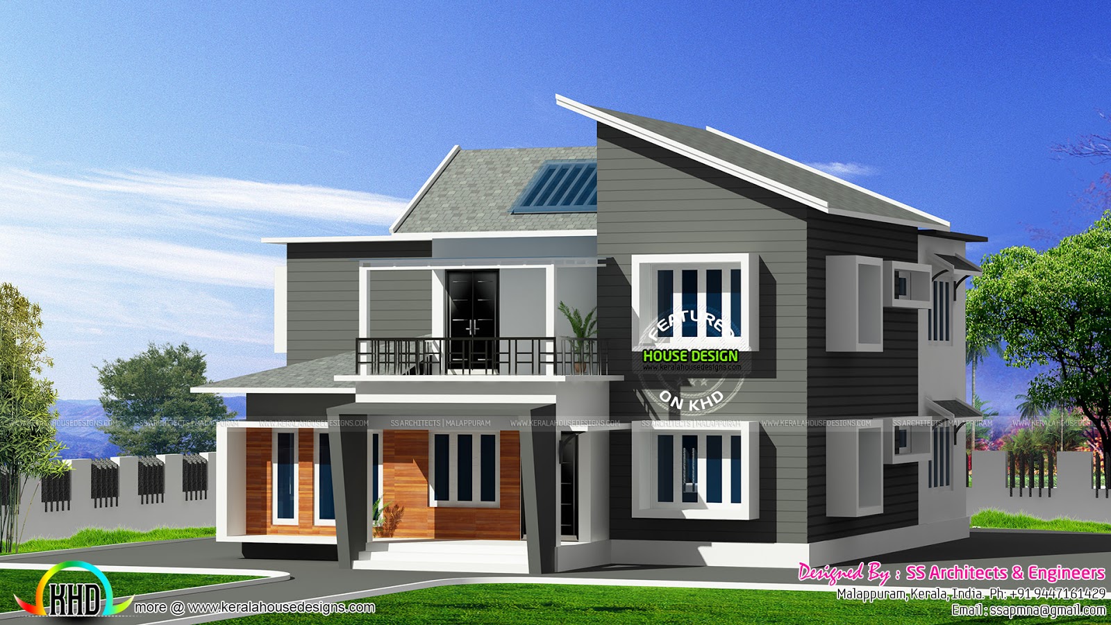 2292 sqft slanting roof mix modern home Kerala home design and floor