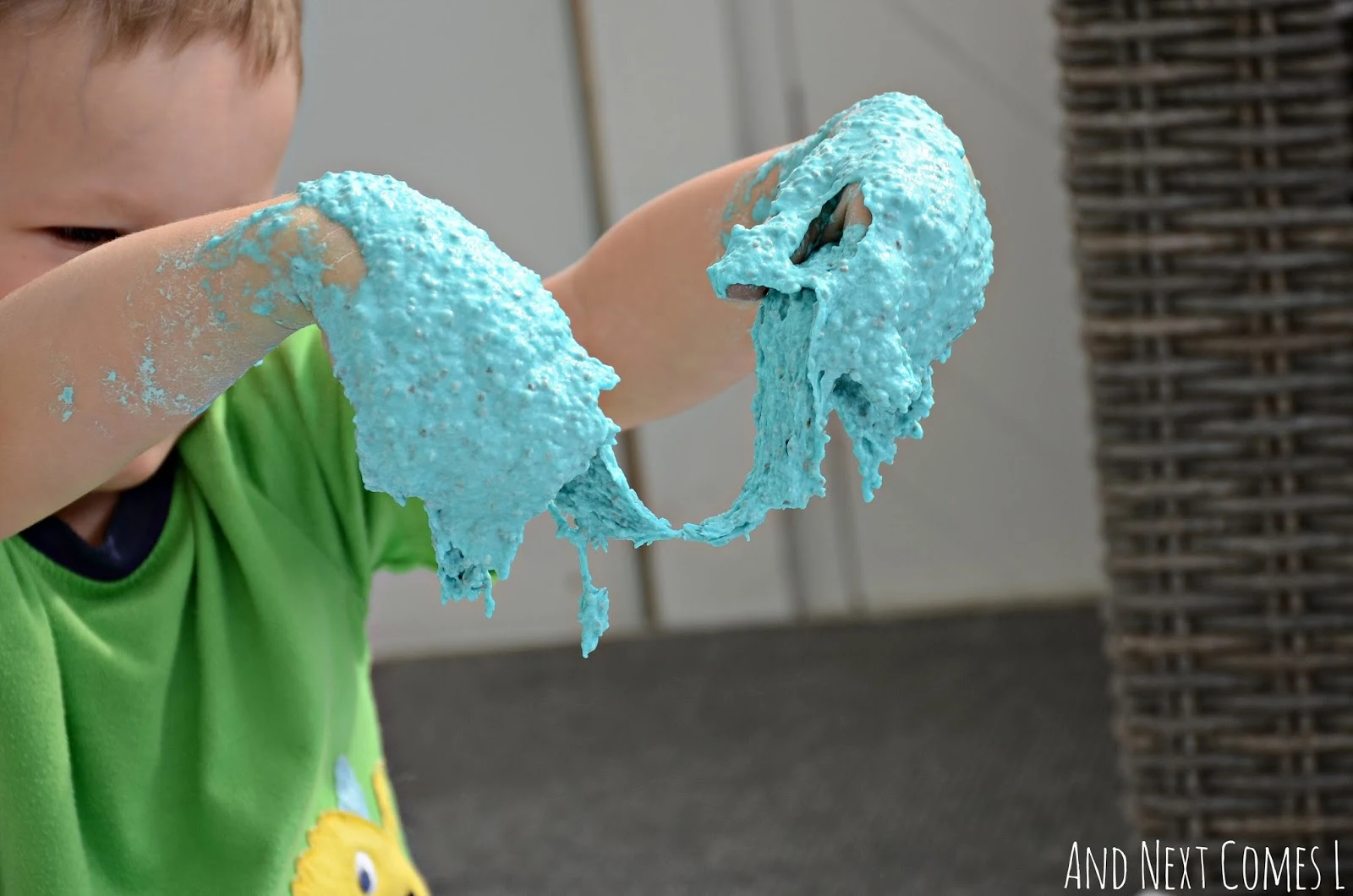 Sensory play for kids: stretching edible sludge from And Next Comes L