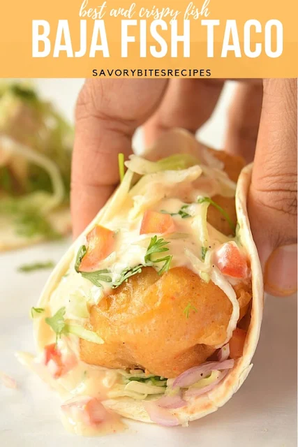 A close look of Baja fish taco with chipotle crema