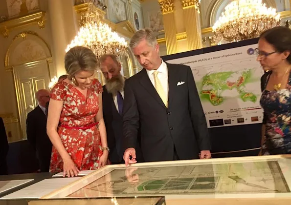King Philippe and Queen Mathilde visited the exhibition of science and culture at Royal Palace Queen Mathilde wore Paule Ka dress