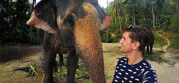 Lucky Elephant Pachyderm who took a genuine selfie "elphie" with a GoPro poses with tourist Christian Leblanc in Koh Phangan, Thailand via geniushowto.com incredible animal selfies  