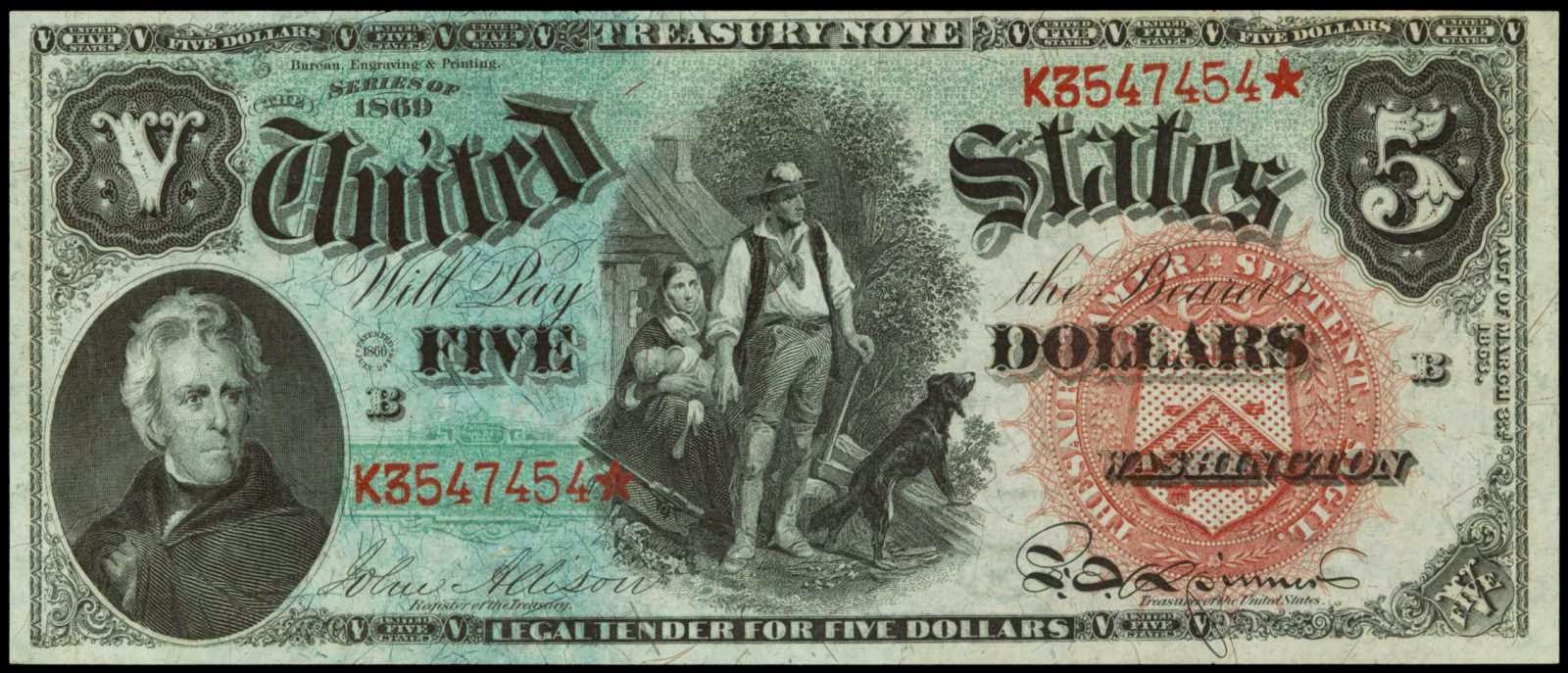 US currency 1869 5 Dollar Legal Tender Note Rainbow Woodchopper