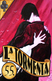 A custom painted loteria card entitled "The Storm".  Painted with acrylics on canvas for "The Pope's Cards" loteria deck.