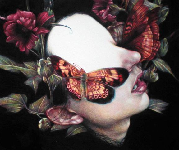 marco mazzoni rostos de mulheres sem expressão adornados natureza flores borboletas pássaros