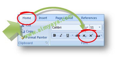 Gambar: Cara mengakses tombol subscript dan superscript di Microsoft Word 2007