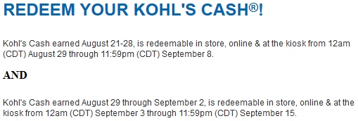 Redeem Kohls cash 09/03-09/15/2013