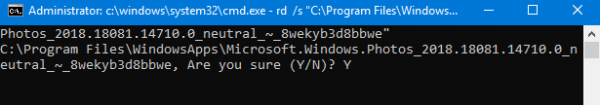 rd /s “C:Program FilesWindowsAppsMicrosoft.Windows.Photos_2018.18051.17710.0_x64__8wekyb3d8bbwe